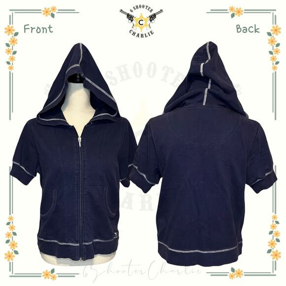 Women's Eddie Bauer Size Petite Small Navy Hooded Cotton Terry Sweater Full Zip - Picture 1 of 6
